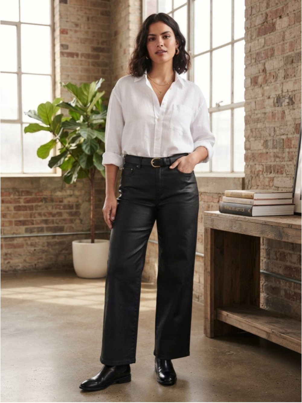Women's Unbranded Black Coated Wide Leg Trousers Size L